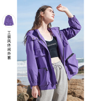 三彩2021春季新款立领休闲工装风外套女连帽宽松防风上衣女时髦