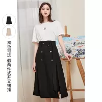 三彩2021春夏季新款设计感ins高腰中长黑色半身裙女A字假两件裙子