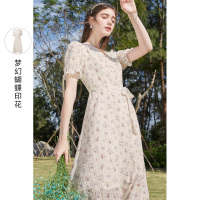 三彩2021春夏季新款重工网纱蝴蝶印花连衣裙女甜美公主裙中长款