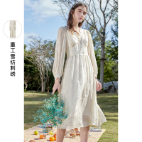 三彩2021春季新款雪纺连衣裙中长款灯笼袖裙子显瘦仙气大码女装