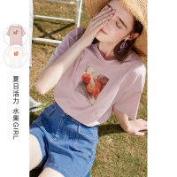 三彩2021年春夏季新款设计感印花粉色短袖女ins潮宽松纯棉T恤上衣