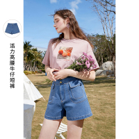 三彩2021春夏季新款高腰显瘦直筒牛仔热裤女设计感口袋短裤外穿