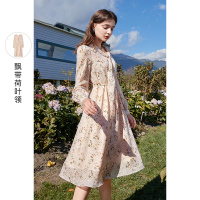 三彩2021春季新款收腰中长雪纺裙高腰显瘦时髦碎花连衣裙大码女装