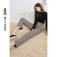三彩2021春季新款格子长裤宽松显瘦休闲裤垂感高腰阔腿裤女装大码