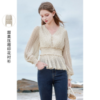 三彩2021年春季新款宫廷风复古衬衫女V领灯笼袖小衫雪纺衫上衣