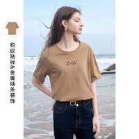 三彩2021年春季新款时髦豹纹贴标宽松韩版短袖上衣女圆领T恤ins潮