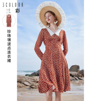 三彩2021春季新款复古红色法式波点连衣裙女气质高腰灯笼袖印花裙