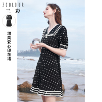三彩2021春季新款海军领高腰短款连衣裙女泡泡袖甜美爱心印花裙
