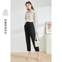 三彩2021春季新款翻领设计感小众豹纹衬衫女复古港味印花衬衣上衣