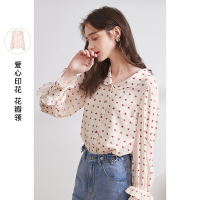 三彩2021春季新款花边领甜美印花衬衫女单排扣爱心印花小衫荷叶边