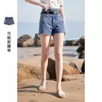 三彩2021春季新款设计感高腰短裤女A字毛边牛仔热裤显瘦时髦