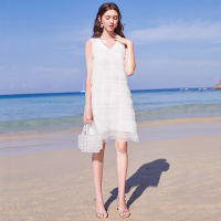 三彩2021春季新款花边V领压褶网纱蛋糕裙无袖纯色连衣裙女