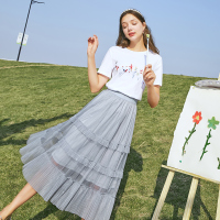 三彩2021春季新款弹力松紧腰高腰木耳边网纱裙仙女裙半身裙女