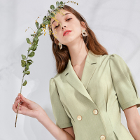 三彩2021春季新款西装领复古短袖桔梗裙修身连衣裙女