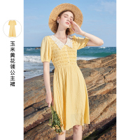 三彩2021夏季新款法式复古公主裙女高腰泡泡袖连衣裙超仙甜美气质