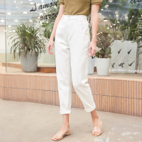三彩2021夏季新款纯棉牛仔裤白色休闲裤长裤松紧腰直筒裤子女