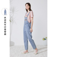 三彩2021夏季新款牛仔背带裤连体裤工装女宽松直筒长裤休闲减龄