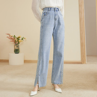 三彩2021夏季新款纯棉高腰开叉阔腿裤拖地裤牛仔长裤女