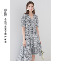 三彩2021夏季新款法式碎花裙v领高腰中长不规则连衣裙御姐轻熟风