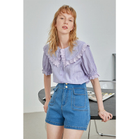 伊布都ibudu2021夏季新款甜美宫廷风小衫娃娃领短袖衬衫直筒显瘦