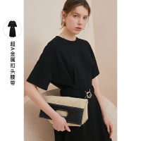 三彩2021夏季新款时髦气质纯色连衣裙圆领收腰休闲风短裙女显瘦