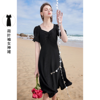 三彩2021夏季新款法式复古女神范连衣裙女方领荷叶袖高腰小黑裙