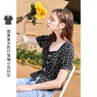 三彩2021夏季新款甜美方领小衫复古灯笼袖短袖碎花雪纺上衣女短款