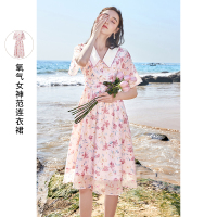 三彩2021夏季新款高腰碎花裙女神范荷叶袖中长连衣裙甜美海边度假