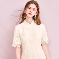 三彩2021夏季中国风旗袍短袖修身盘扣优雅改良连衣裙