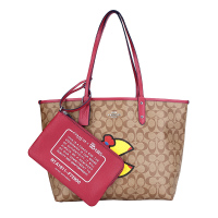 自营 新品 COACH 蔻驰 品 女士卡其图案款人造革手提单肩双面托特包