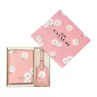 蔻驰 COACH 奢侈品 礼盒款女士粉色印花PVC短款手拿卡包护照夹配行李牌礼物送女友C3061 SVSEQ