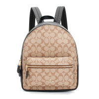 COACH 蔻驰 奢侈品 女士中号卡其拼色logo款人造革双肩包书包旅行包女礼物送女友