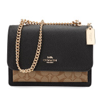 蔻驰 COACH 奢侈品 女士黑色卡其拼棕红色PVC配皮单肩斜跨小方包 90400 IME7V