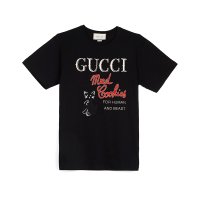 GUCCI 古驰 奢侈品 女士黑色棉质刺绣喵咪T恤休闲短袖纯棉夏季上衣 615044XJC0G 1082