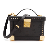 MCM 奢侈品 女士黑色logo款时尚铆钉帆布配皮手提单肩斜挎小箱包小方包 MWR9SBN48BK001
