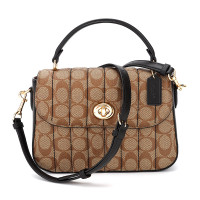 蔻驰(COACH) 奢侈品 女士中号单肩手提包卡其色配黑色涂层帆布配牛皮 C5645 IMCBI