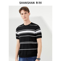 杉杉短袖T恤男夏装新款条纹男士圆领休闲体恤衫舒适男装上衣 -1青黑