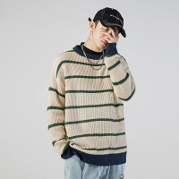 日系男装 2020秋季新款条纹毛衣男oversize圆领套头针织衫