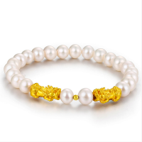 欧慕珠宝 双貔貅999 3D硬足金镶嵌天然淡水珍珠和进口18K金珠手链 简单大方