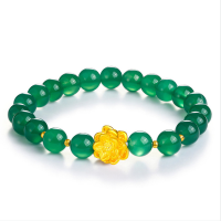 欧慕珠宝 莲花3D硬足金千足金镶嵌天然绿玉髓手链手串母亲节送礼佳品