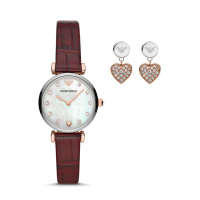 阿玛尼(EMPORIO.ARMANI)手表休闲暗红色皮质表带石英表女士腕表AR80040