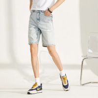 A21夏季新款男装 浅色男士牛仔裤破洞潮男裤子百搭低腰短裤
