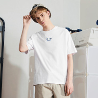 A21夏季新款男装蓝色绣花圆领男士宽松短袖T恤潮男白色上衣