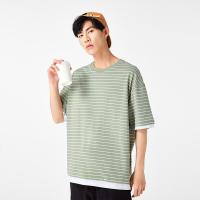 A21夏季2021新款男装宽松假两件短袖衫落肩T恤男士潮流横条纹上衣