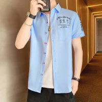 罗蒙（ROMON）夏季格子男韩版修身衬衣青年帅潮牌时尚印花短袖打底衬衫男士气质外套-