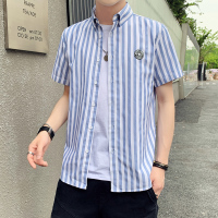 罗蒙（ROMON）夏季格子男韩版修身衬衣青年帅潮牌条纹短袖衬衫男士修身简约外套-