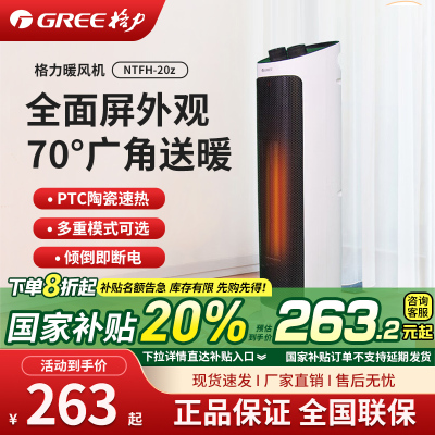 格力(GREE)取暖器家用立式暖风机速热定时负离子净化倾倒断电保护70度广角摇头贯流多翼叶轮NTFH-20z 家用立式两