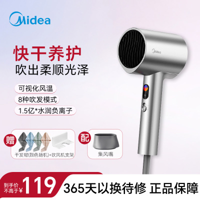 美的(Midea) 1.5亿负离子电吹风 大功率护发吹风机 家用吹风筒 节日/生日礼物推荐 FD205-星光银