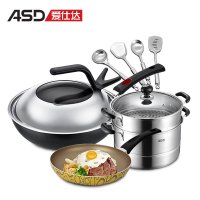 爱仕达(ASD) 聚味锈不了套装锅 铸铁炒锅不锈钢蒸锅带蒸笼不粘平底锅煎锅不锈钢铲 TV03CZJ