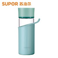 苏泊尔(SUPOR)纤巧耐热玻璃杯时尚青春便携提手出行随手杯硅胶杯套手提大容量办公出行学生水杯高硼硅泡茶杯KC42AK2